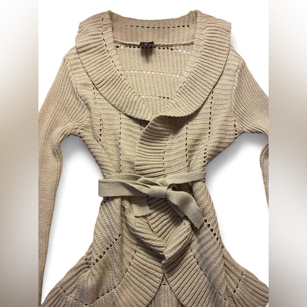 bebe Open-Front Belted Knit Cardigan - Light Beige - Picture 3 of 10